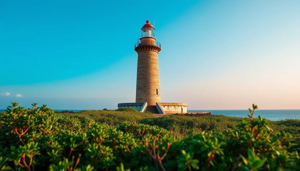 Kovilan Point Lighthouse on Karaitivu Island with surrounding coastal scenery