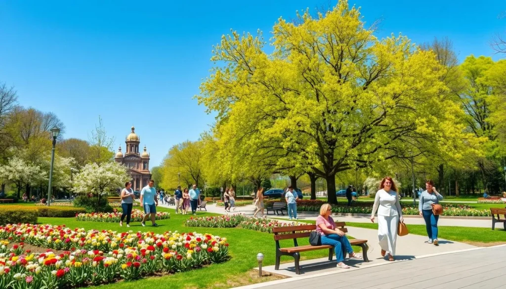 Krasnodar city park in spring with blooming flowers and people enjoying outdoor activities