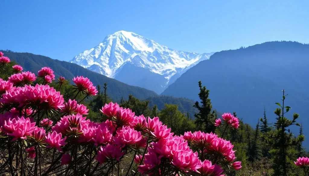 Kula Kangri mountain during spring with rhododendrons blooming in foreground