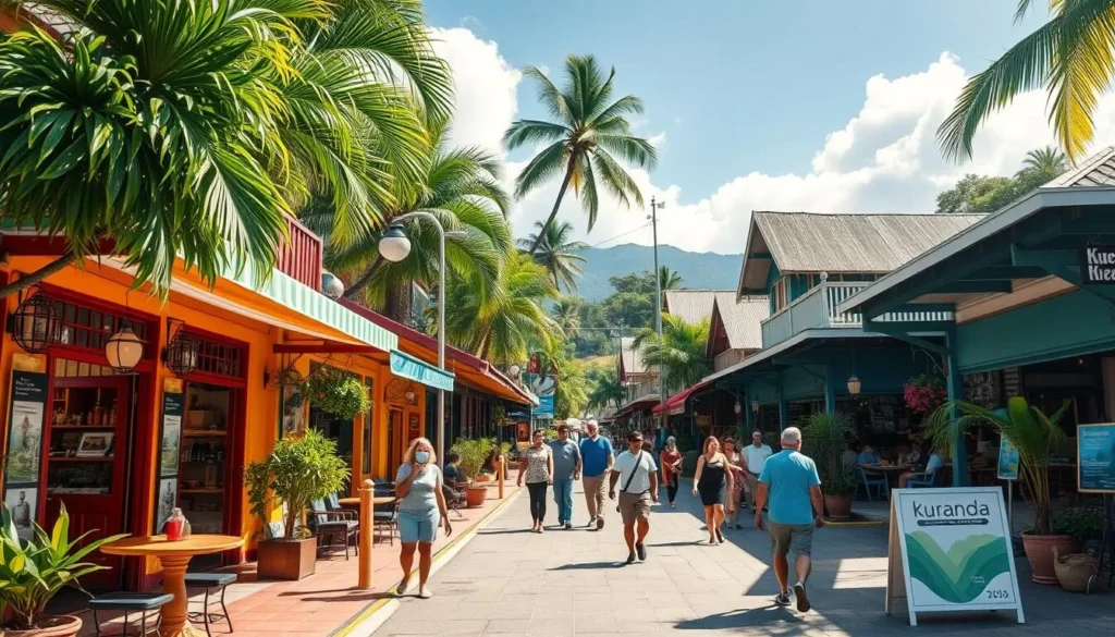 Kuranda village main street with colorful shops, cafes and visitors exploring