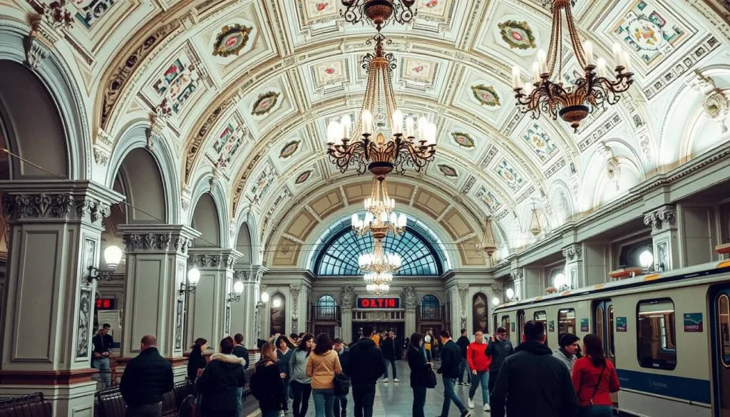 Kyiv metro station with ornate architecture and passengers - Transportation in Ukraine