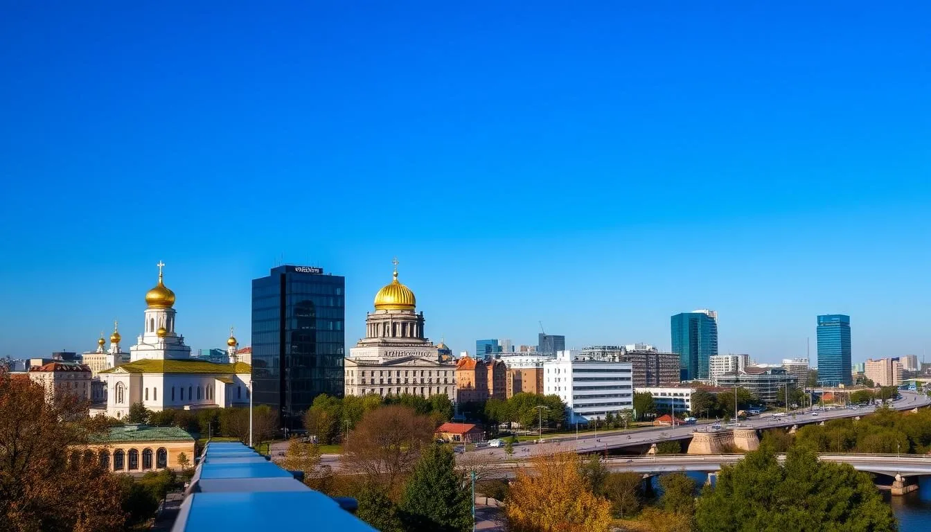 Kyiv-skyline-with-golden-domes-of-St.-Michaels-Monastery-and-modern-buildings-along-the-Dnipro Kyiv skyline with golden domes of St. Michael's Monastery and modern buildings along the Dnipro River - Ukraine best things to do