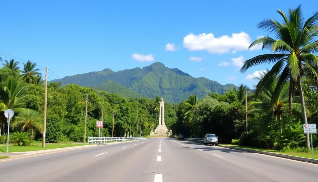 La Ceiba city entrance with mountains of Nombre de Dios National Park in the background