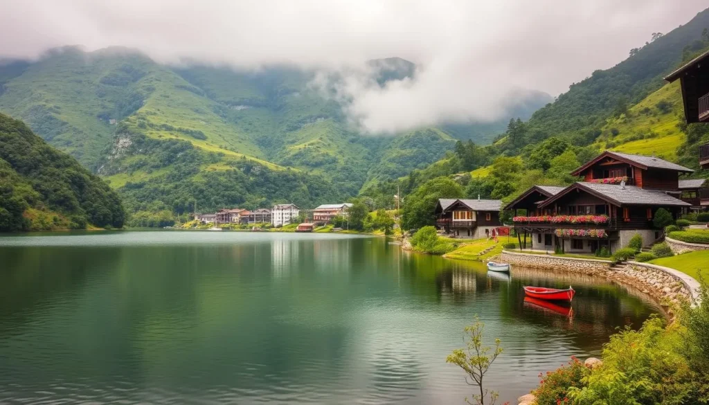 La Cocha Lake near Pasto Colombia with traditional houses