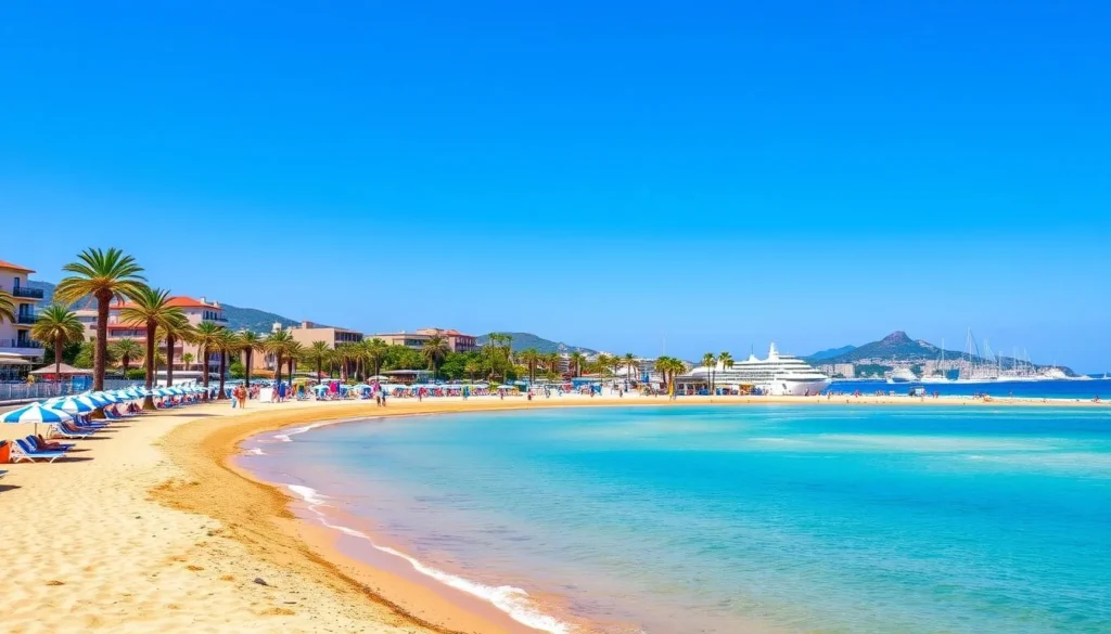 La Croisette beach in Cannes during perfect summer weather with blue skies and palm trees La Croisette beach in Cannes during perfect summer weather with blue skies and palm trees