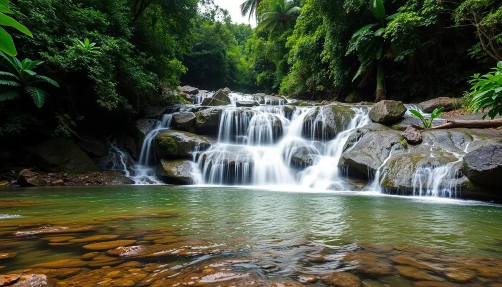 La Mina Falls waterfall in El Yunque with crystal clear water and lush surroundings