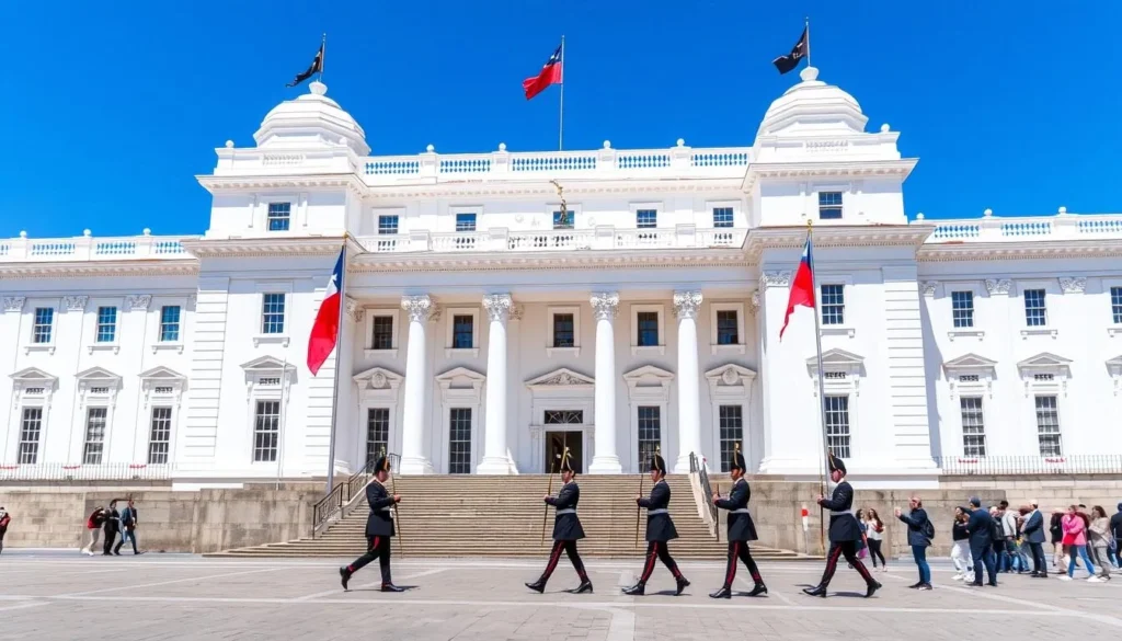 La Moneda Palace in Santiago Chile with guards performing the changing of the guard ceremony