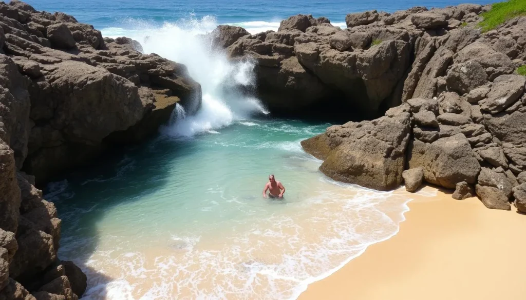 La Poza del Obispo beach in Arecibo Puerto Rico with waves crashing over rocks