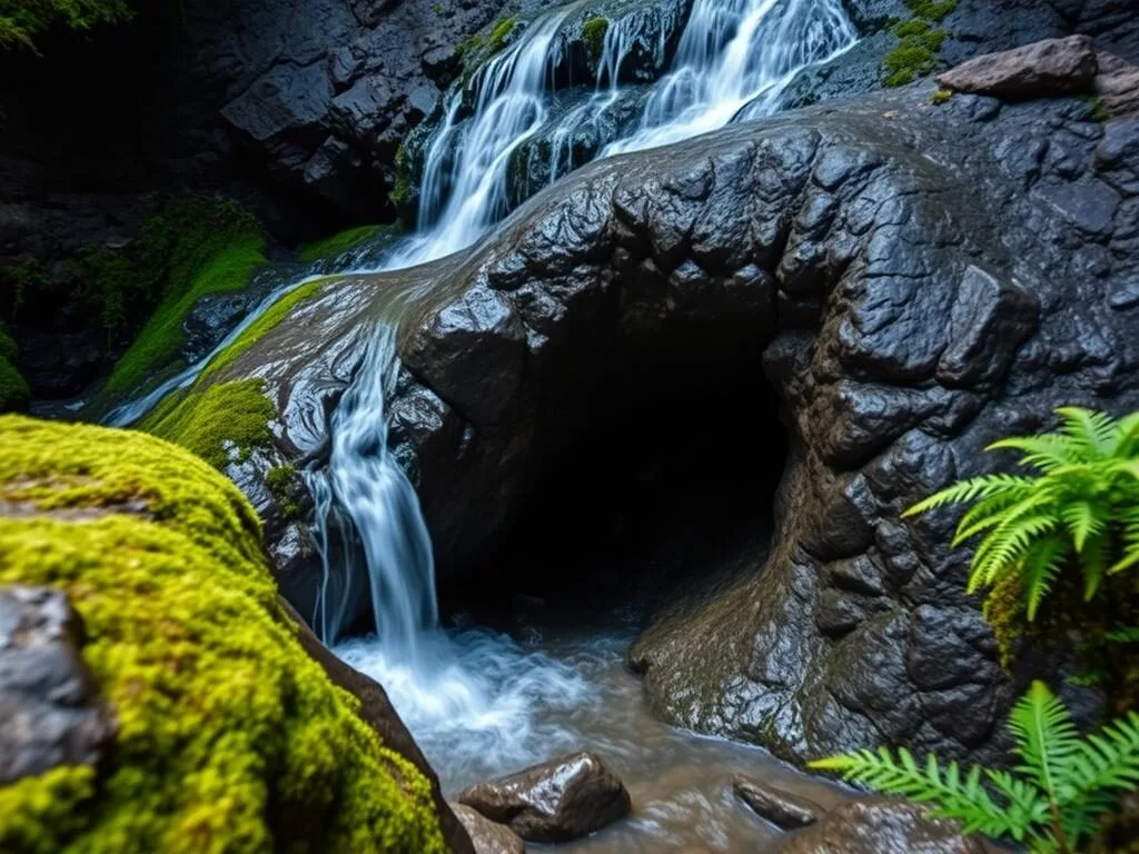 La Rodilla del Diablo (The Devil's Knee) rock formation with water flowing over it in Barranca del Cupatitzio National Park