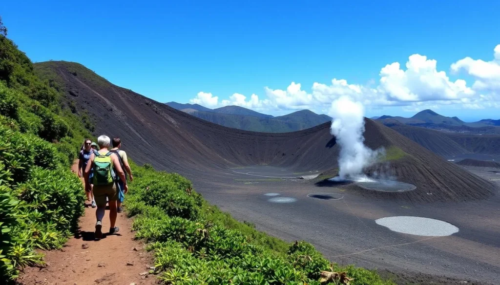 La Soufrière volcano in Guadeloupe with hikers on the trail