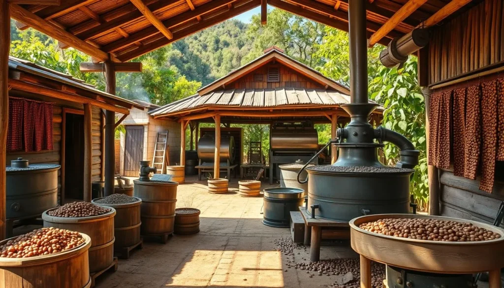 La Victoria Coffee Farm in Minca showing traditional coffee processing equipment