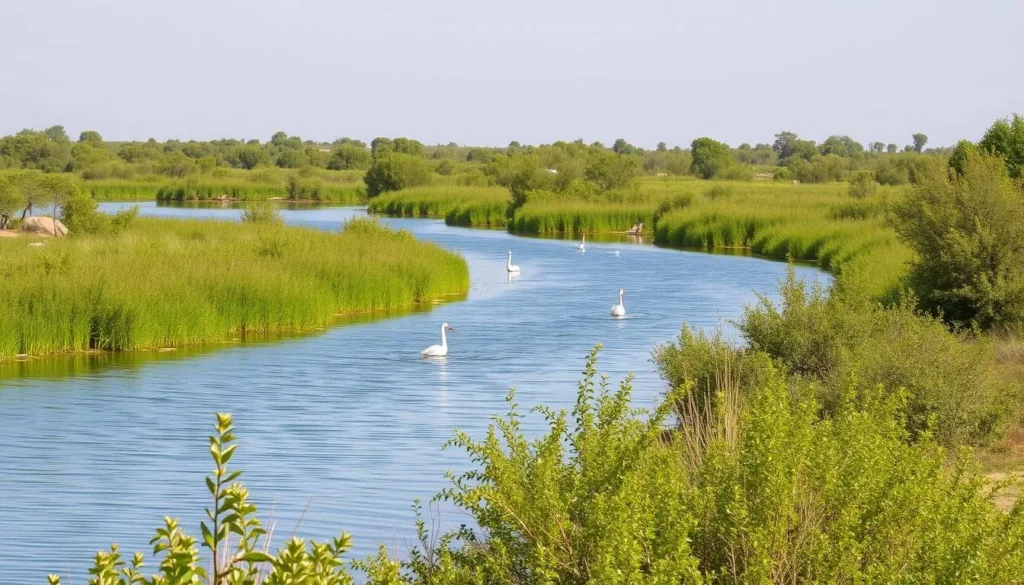 Lac de Sidi Boughaba nature reserve with migratory birds and lush vegetation
