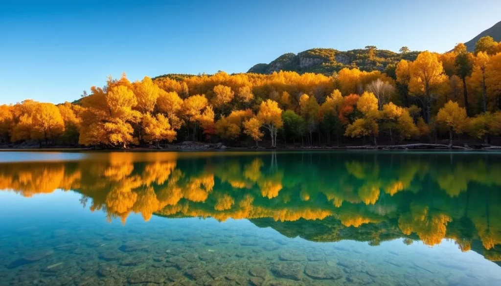 Lago de Camecuaro in autumn with colorful foliage reflected in the clear water