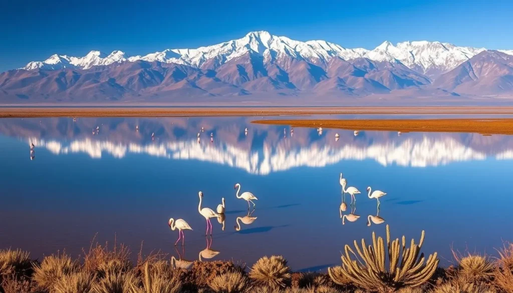 Laguna Huayna Khota with flamingos and mountain reflections in Sajama National Park