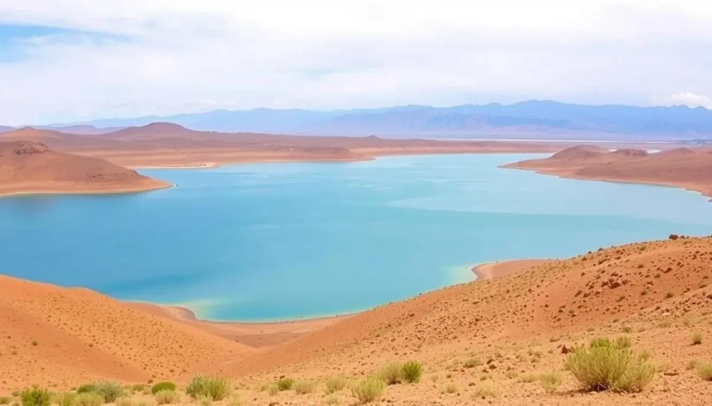 Lake Al-Hassan Addakhil reservoir with Atlas Mountains backdrop near Errachidia Morocco