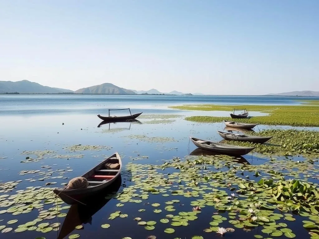 Lake Alaotra wetlands with traditional fishing boats