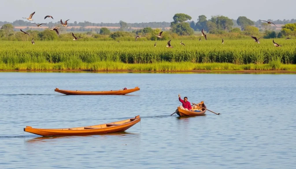 Lake Alaotra with traditional fishing boats and wetland birds, Ambatondrazaka, Madagascar