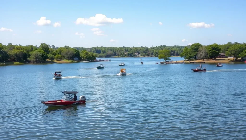 Lake Belton near Temple Texas with boats on water and people fishing from the shore Lake Belton near Temple Texas with boats on water and people fishing from the shore