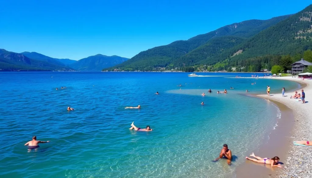 Lake Chelan in summer with people enjoying water activities, boats on the lake, and sunny beaches