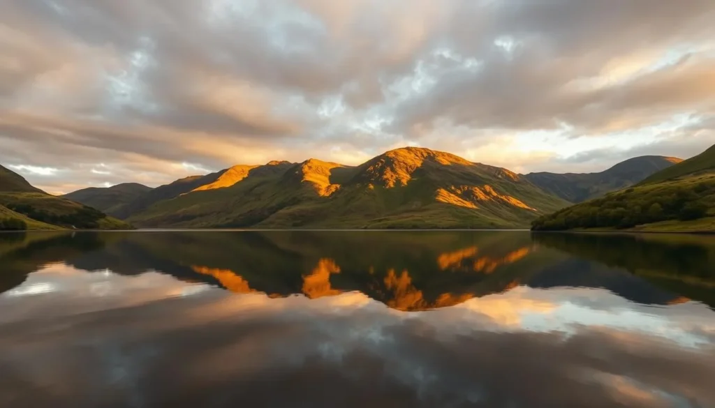 Lake District landscape with mountains reflected in still water Lake District landscape with mountains reflected in still water