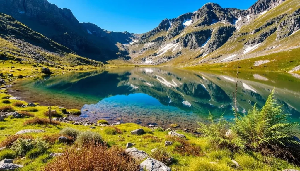 Lake Habbema in Lorentz National Park surrounded by alpine meadows and mountains Lake Habbema in Lorentz National Park surrounded by alpine meadows and mountains