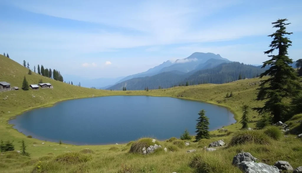 Lake Habbema surrounded by alpine meadows with Puncak Trikora visible in the background Lake Habbema surrounded by alpine meadows with Puncak Trikora visible in the background