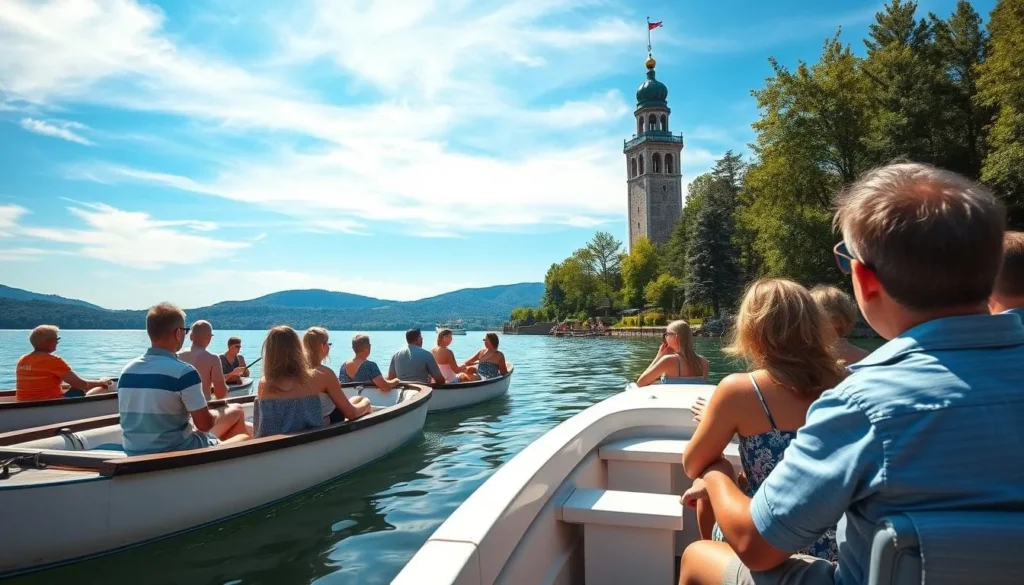 Lake Kalyazin in summer with tourists enjoying boat rides near the bell tower
