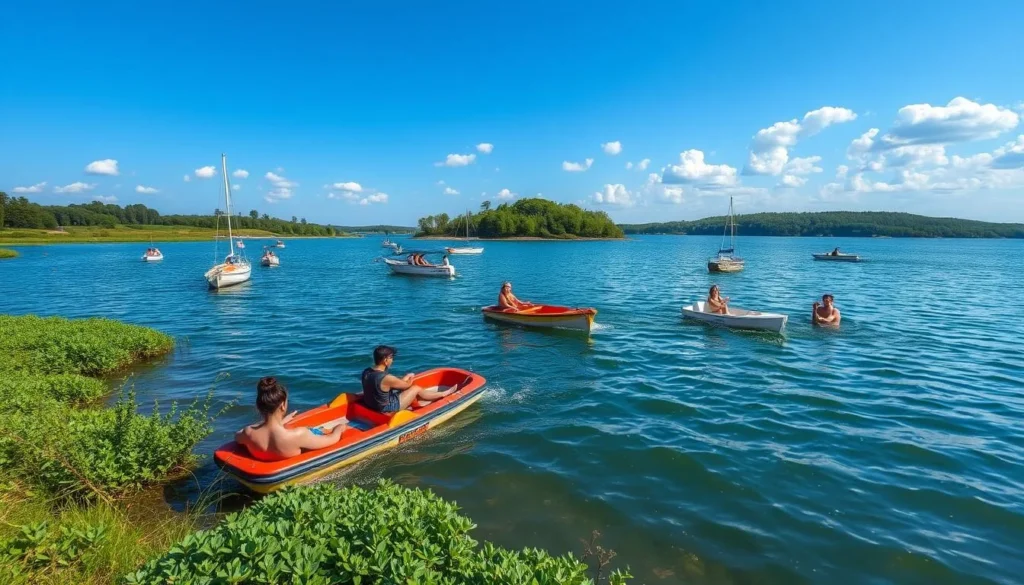 Lake Kamskoe in summer with people enjoying boating activities