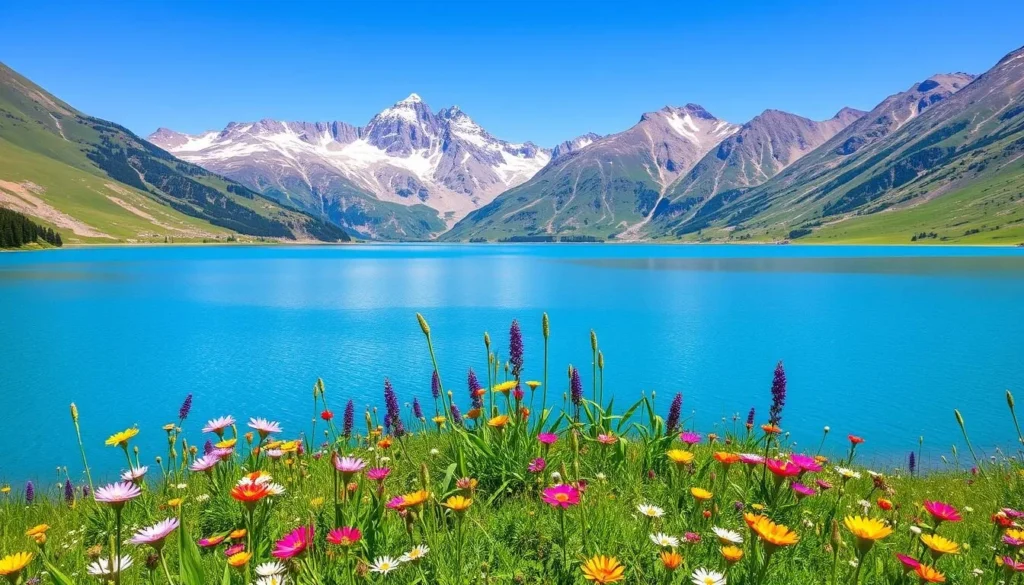 Lake Khubsugul in summer with wildflowers in the foreground and mountains in the background