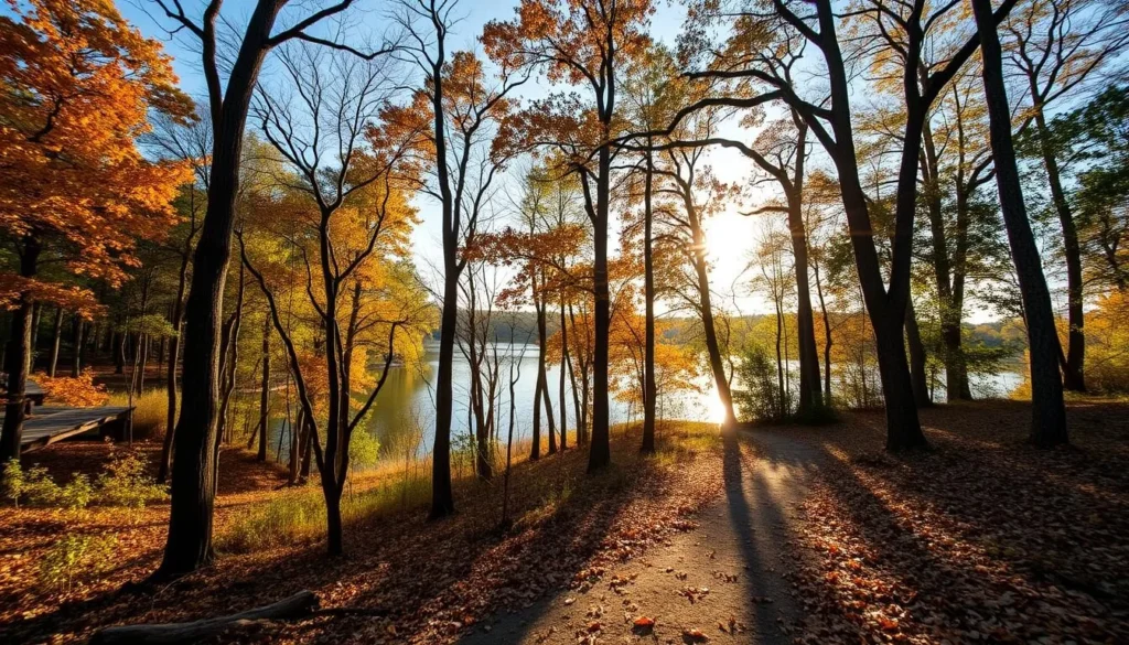 Lake Kissimmee State Park in autumn with golden light filtering through trees and comfortable weather for hiking
