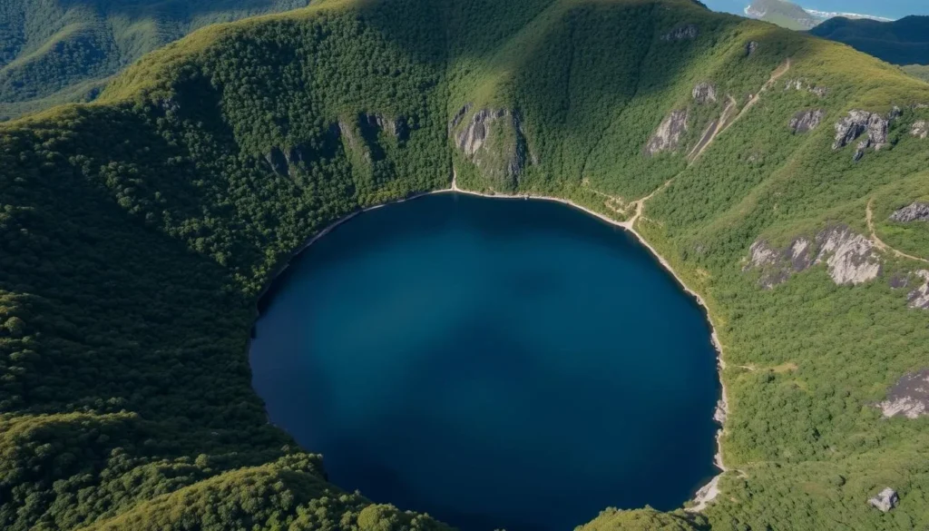Lake Lalolalo crater lake surrounded by lush tropical forest in Wallis