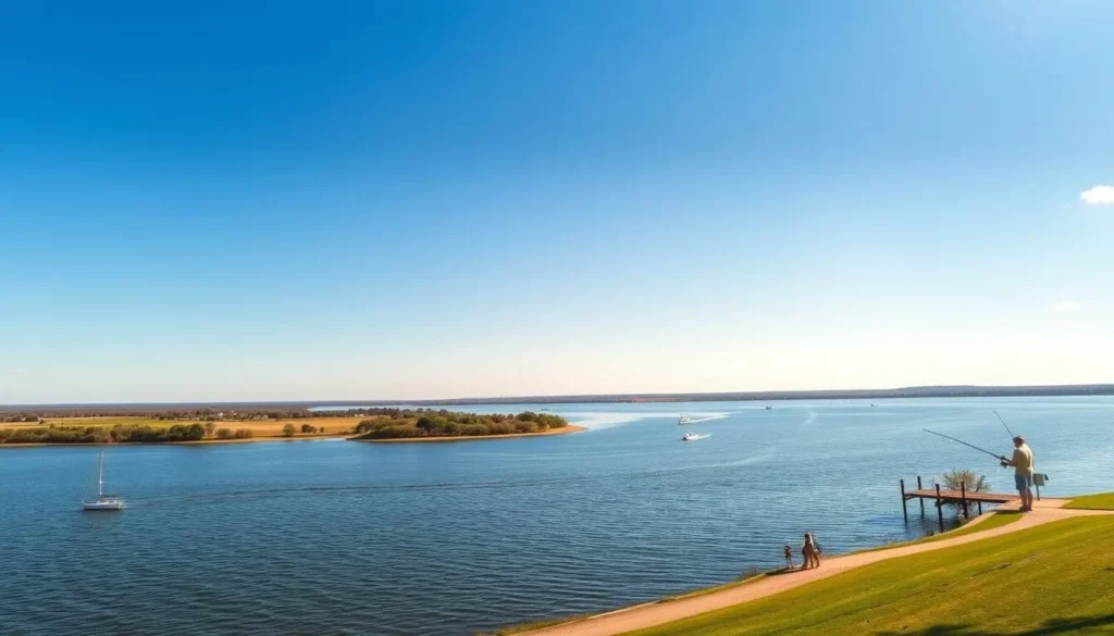 Lake Lavon in Wylie on a sunny day with boats on the water and people fishing from the shore