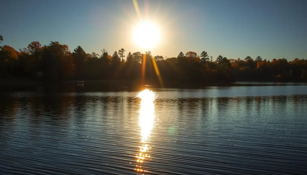 Lake Manatee State Park in autumn with golden light reflecting on the water Lake Manatee State Park in autumn with golden light reflecting on the water