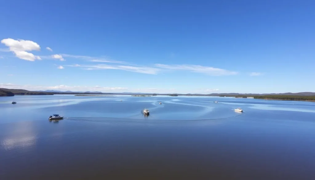 Lake Maraboon near Emerald Town with boats on the water and surrounding landscape Lake Maraboon near Emerald Town with boats on the water and surrounding landscape