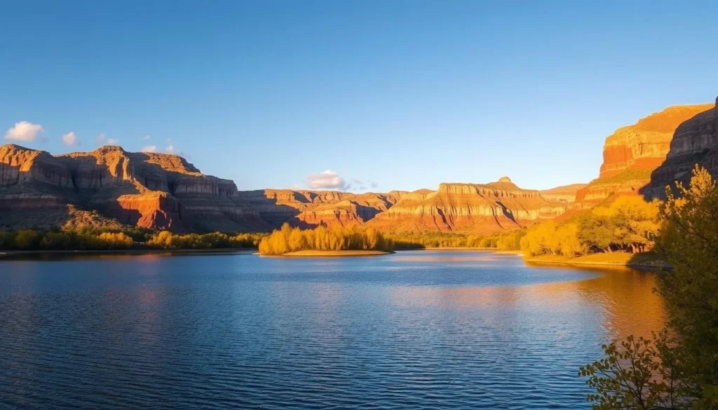 Lake Meredith in early fall with golden light reflecting on the water and colorful foliage along the shoreline