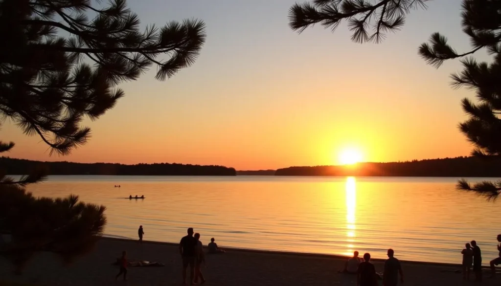 Lake Nipissing sunset in summer with people enjoying beach activities
