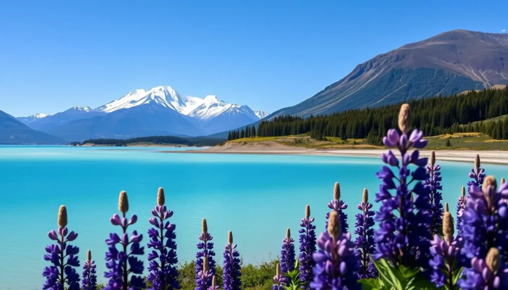 Lake Pukaki in summer with Mount Cook visible and clear blue skies