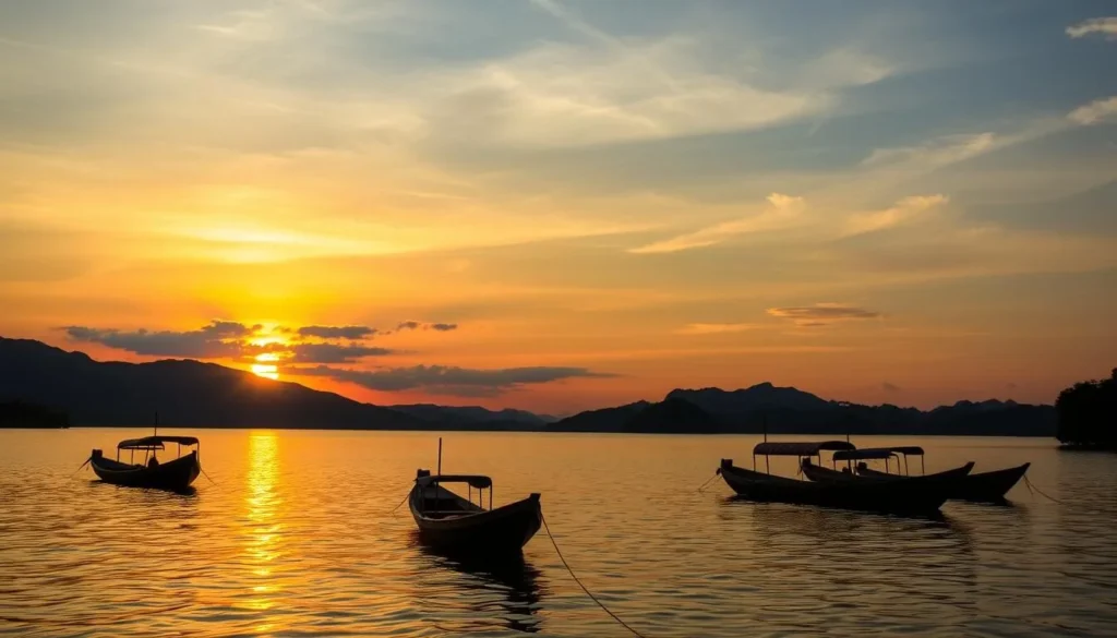 Lake Sentani during sunset with traditional boats silhouetted against the colorful sky