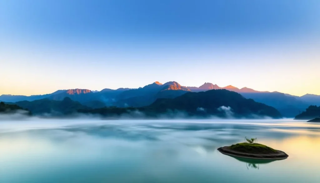 Lake Telaga Warna during sunrise with morning mist over the water