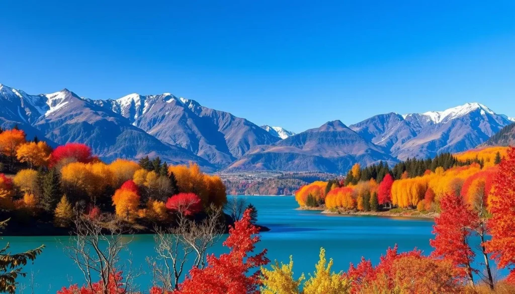 Lake Wanaka in autumn with colorful fall foliage surrounding the lake and mountains in the background