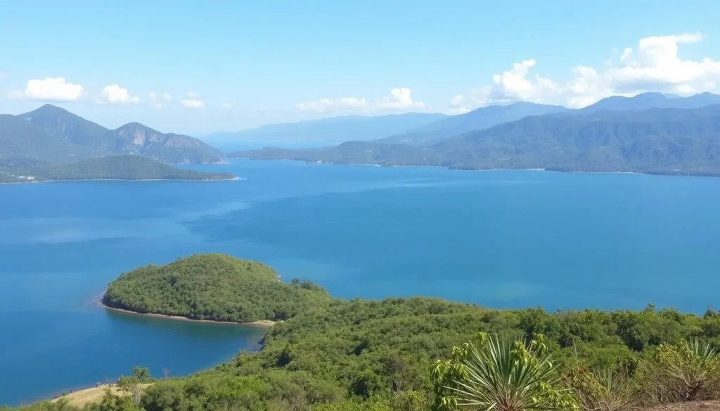 Lake Yojoa landscape with mountains in the background, Honduras