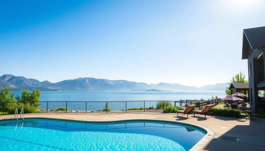Lakefront resort in Chelan with swimming pool, beach access, and mountain views