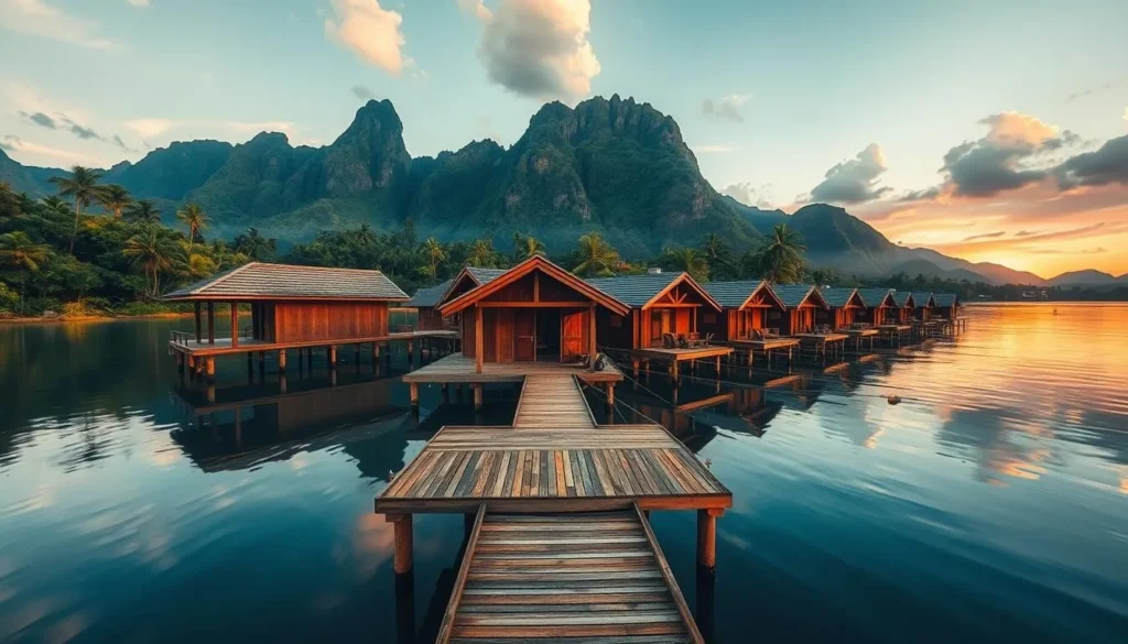 Lakeside accommodation at Lake Matano with traditional wooden structures and overwater decks