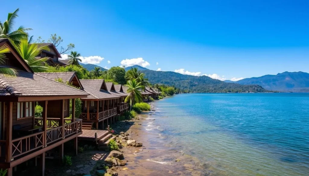 Lakeside accommodation near Lake Towuti with traditional wooden cottages overlooking the water Lakeside accommodation near Lake Towuti with traditional wooden cottages overlooking the water