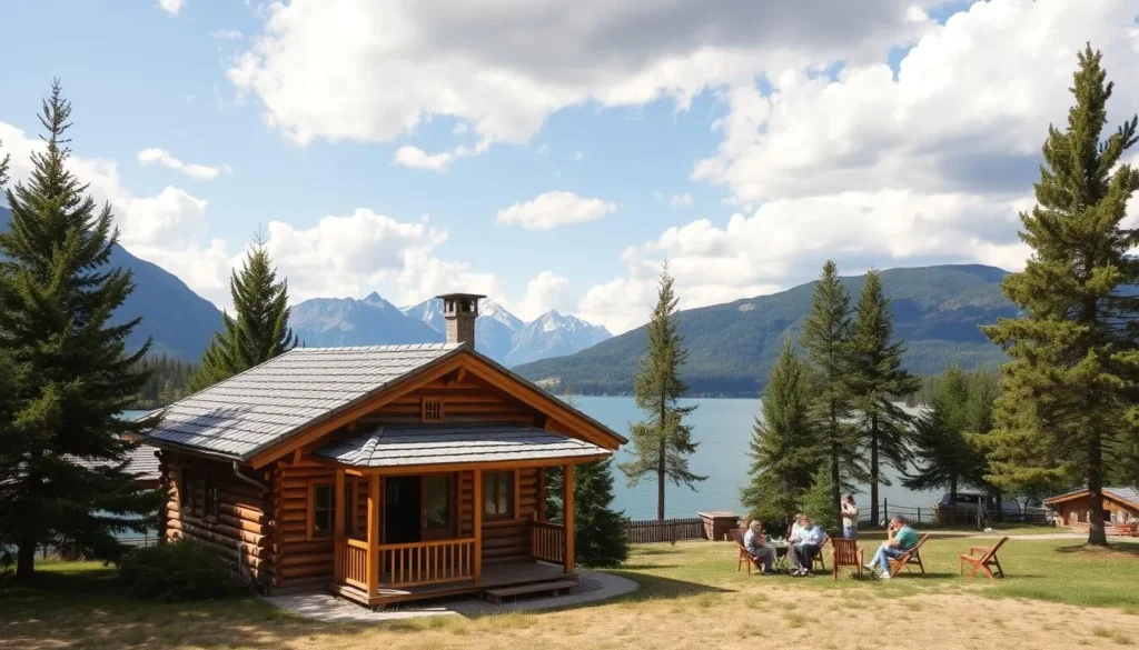 Lakeside cabin accommodation in Russia with wooden architecture and lake view Lakeside cabin accommodation in Russia with wooden architecture and lake view