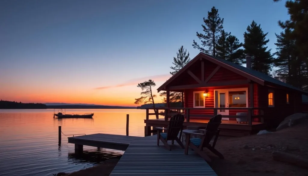 Lakeside cabin accommodation on Lake Nipissing at sunset