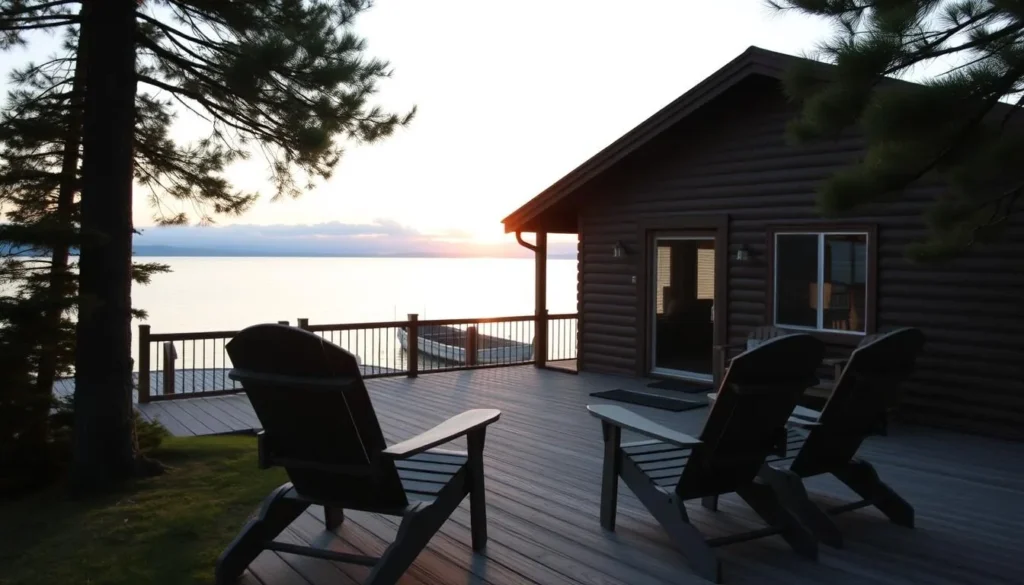 Lakeside cottage rental with deck overlooking Georgian Bay at sunset