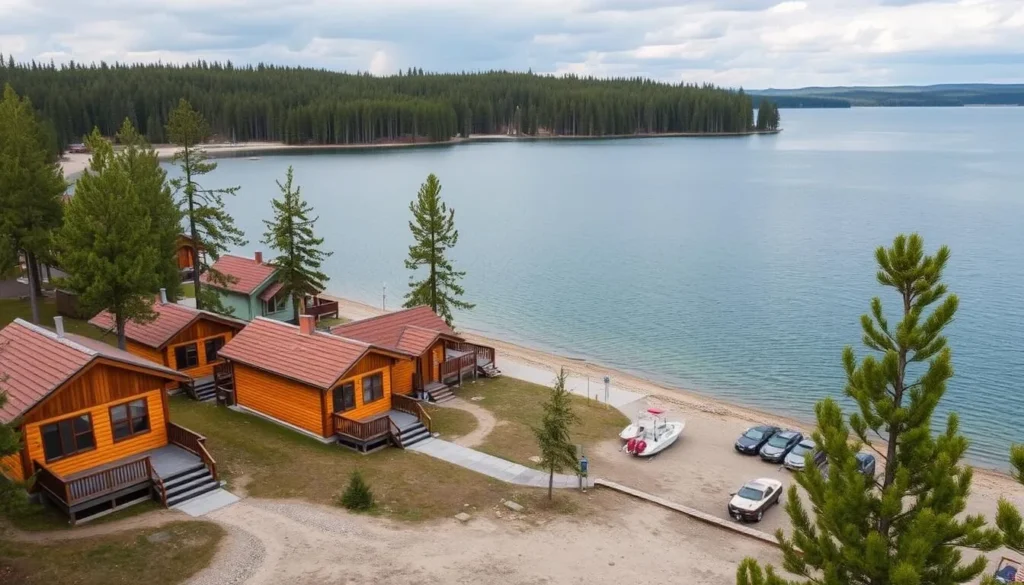 Lakeside resort with wooden cabins overlooking Kuybyshev Reservoir, surrounded by pine trees Lakeside resort with wooden cabins overlooking Kuybyshev Reservoir, surrounded by pine trees