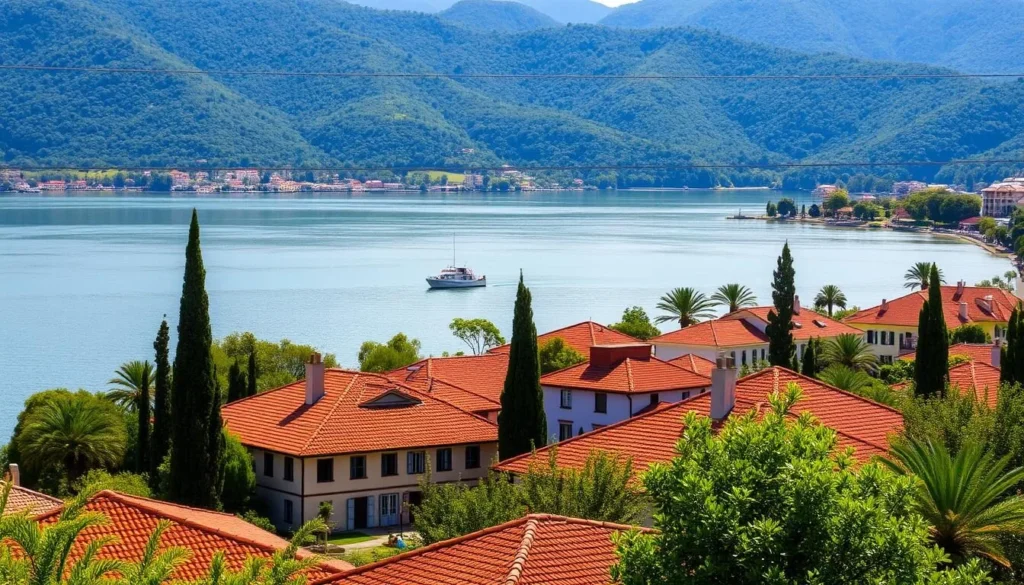 Lakeside view of Valle de Bravo with traditional accommodations in Mexico State Lakeside view of Valle de Bravo with traditional accommodations in Mexico State