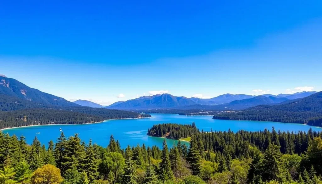 Lanalhue Lake near Concepcion Chile with mountains and forest surrounding the clear water